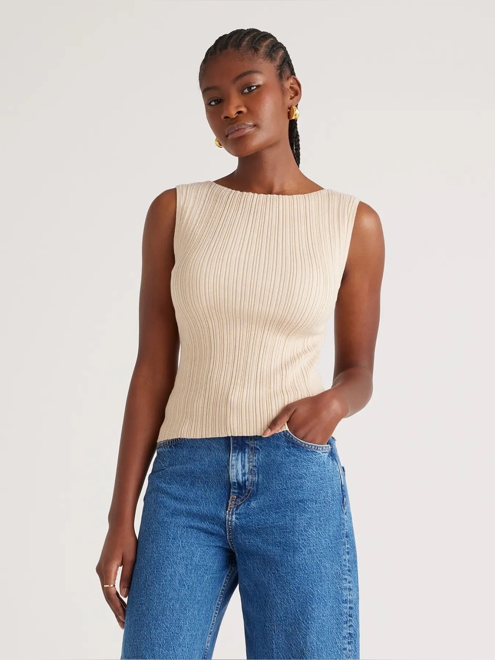 Cotton Cashmere Ribbed Tank in Heather Oatmeal